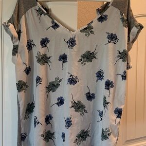 V-Neck Floral Tunic Top in Cream with Blue and Green Accents